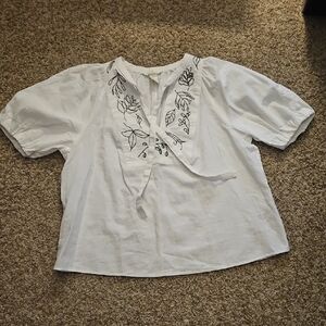 H&M White Blouse with Green Embroidery